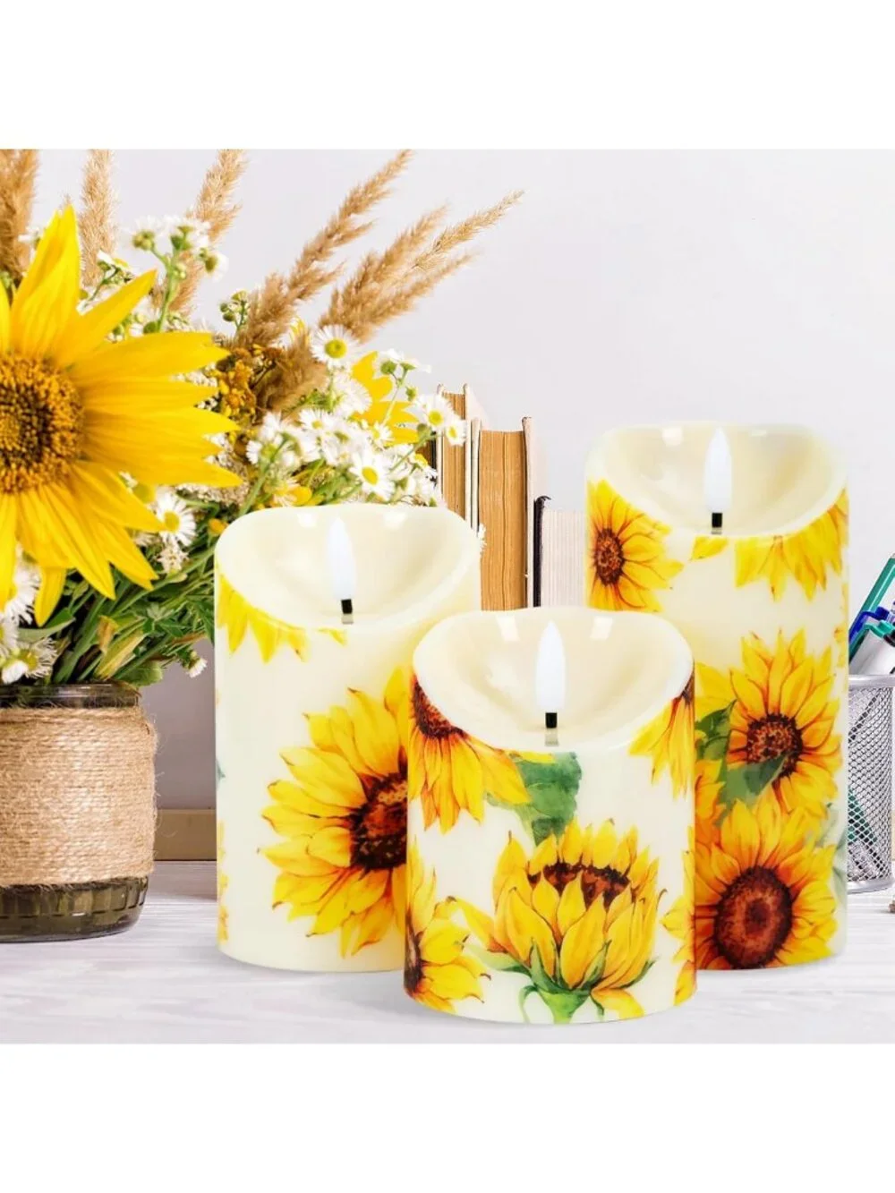 Set of 3 Sunflower Flameless LED Candles - Battery Operated Pillar Decor for